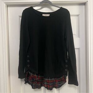 LOFT Black Knit Top with Plaid Detail